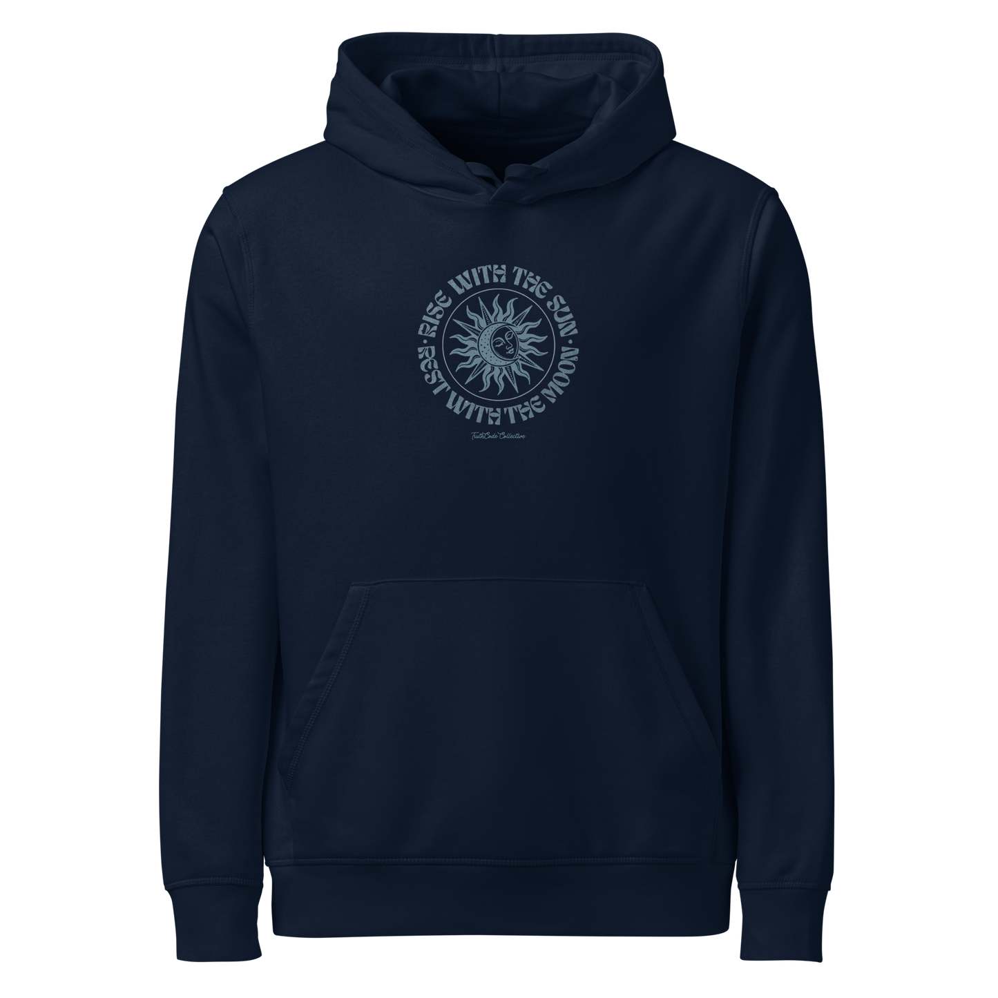 Navy blue organic hoodie with a circular sun/moon design and text 'Rise with the sun, rest with the moon' on a white background