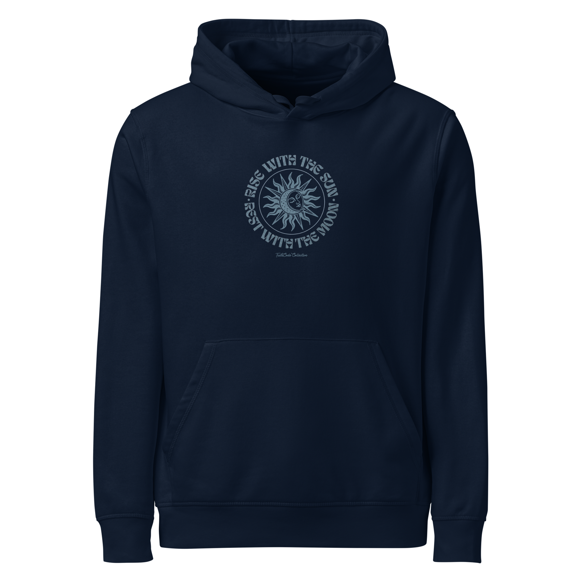 Navy blue organic hoodie with a circular sun/moon design and text 'Rise with the sun, rest with the moon' on a white background