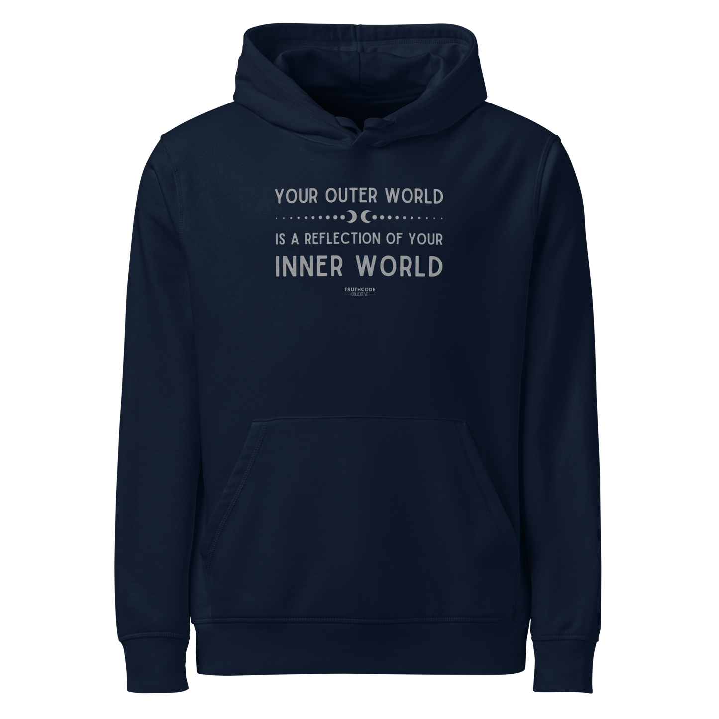 Navy blue organic hoodie with text 'Your outer world is a reflection of your inner world' on a white background