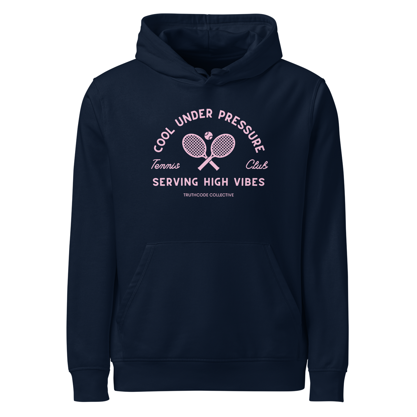 Navy blue organic hoodie with text 'Cool under pressure, serving high vibes' and 'Tennis club' with a tennis racket design on a white background