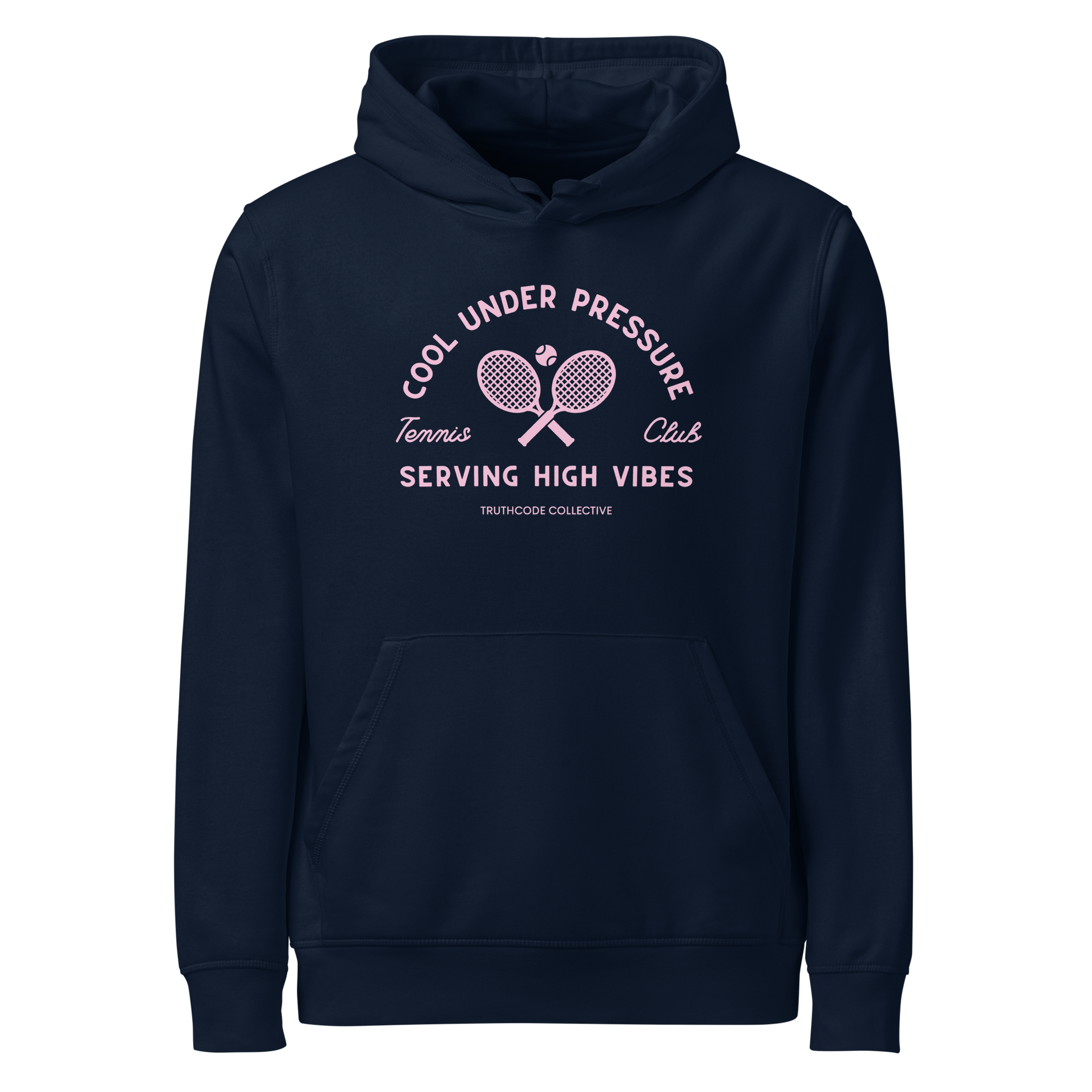 Navy blue organic hoodie with text 'Cool under pressure, serving high vibes' and 'Tennis club' with a tennis racket design on a white background