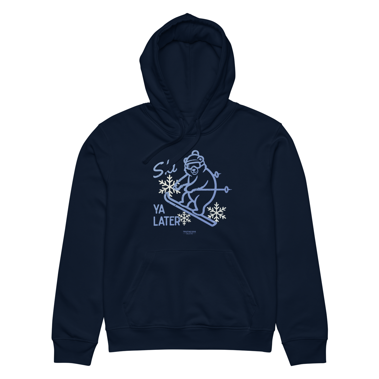 Navy blue organic hoodie with a skiing bear graphic and text 'Ski you later' on a white background