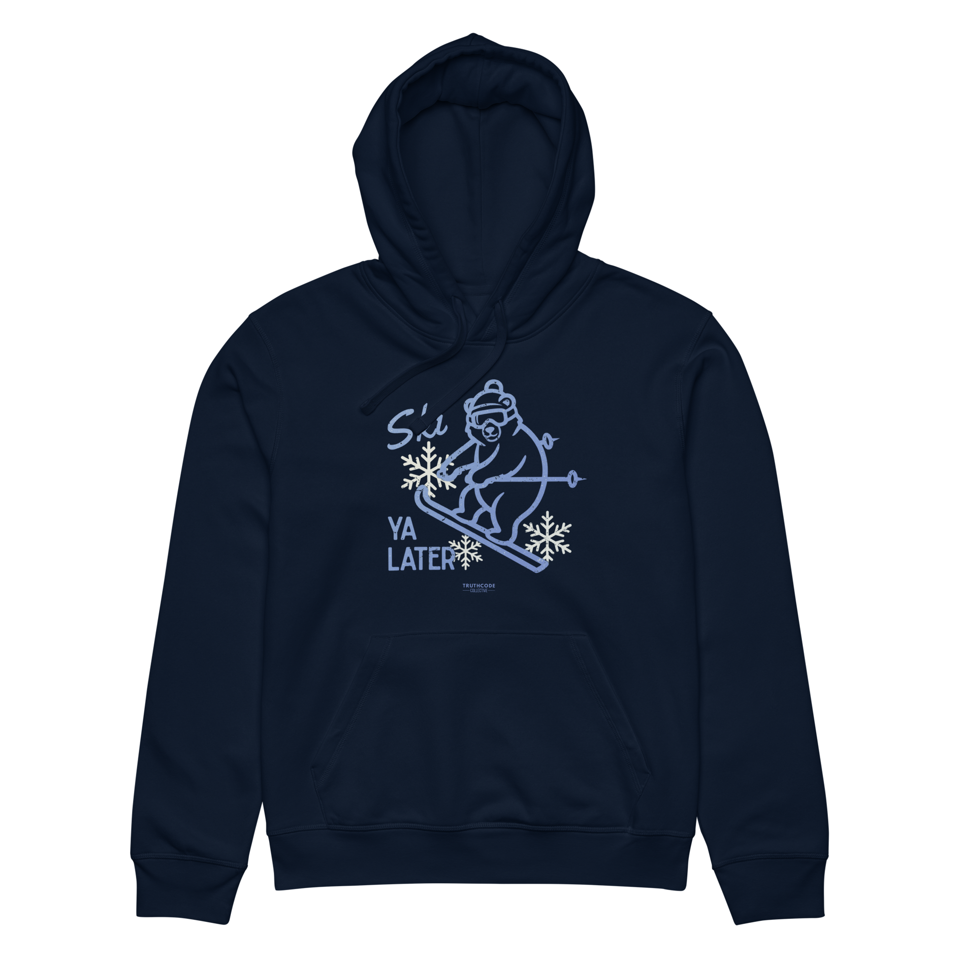 Navy blue organic hoodie with a skiing bear graphic and text 'Ski you later' on a white background