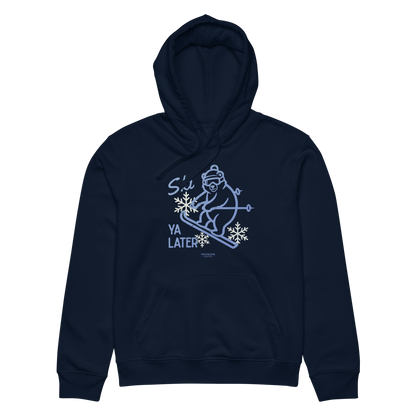 Navy blue organic hoodie with a skiing bear graphic and text 'Ski you later' on a white background