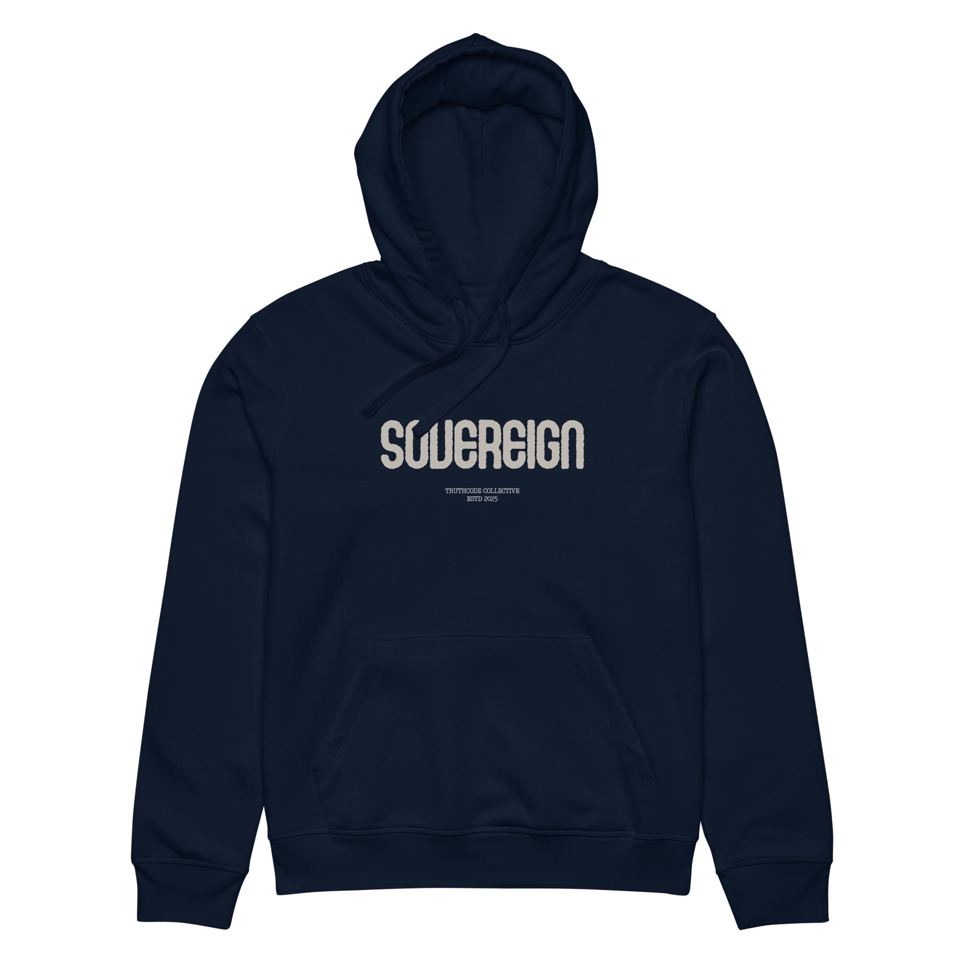 Navy blue organic hoodie with 'SOVEREGN' text design on a white background