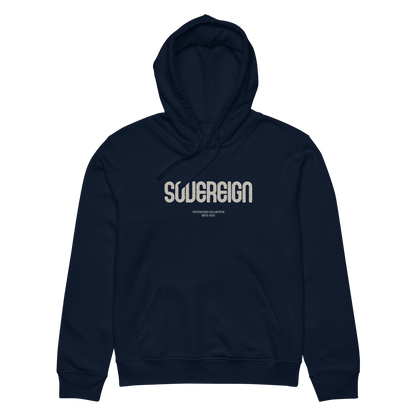 Navy blue organic hoodie with 'SOVEREGN' text design on a white background