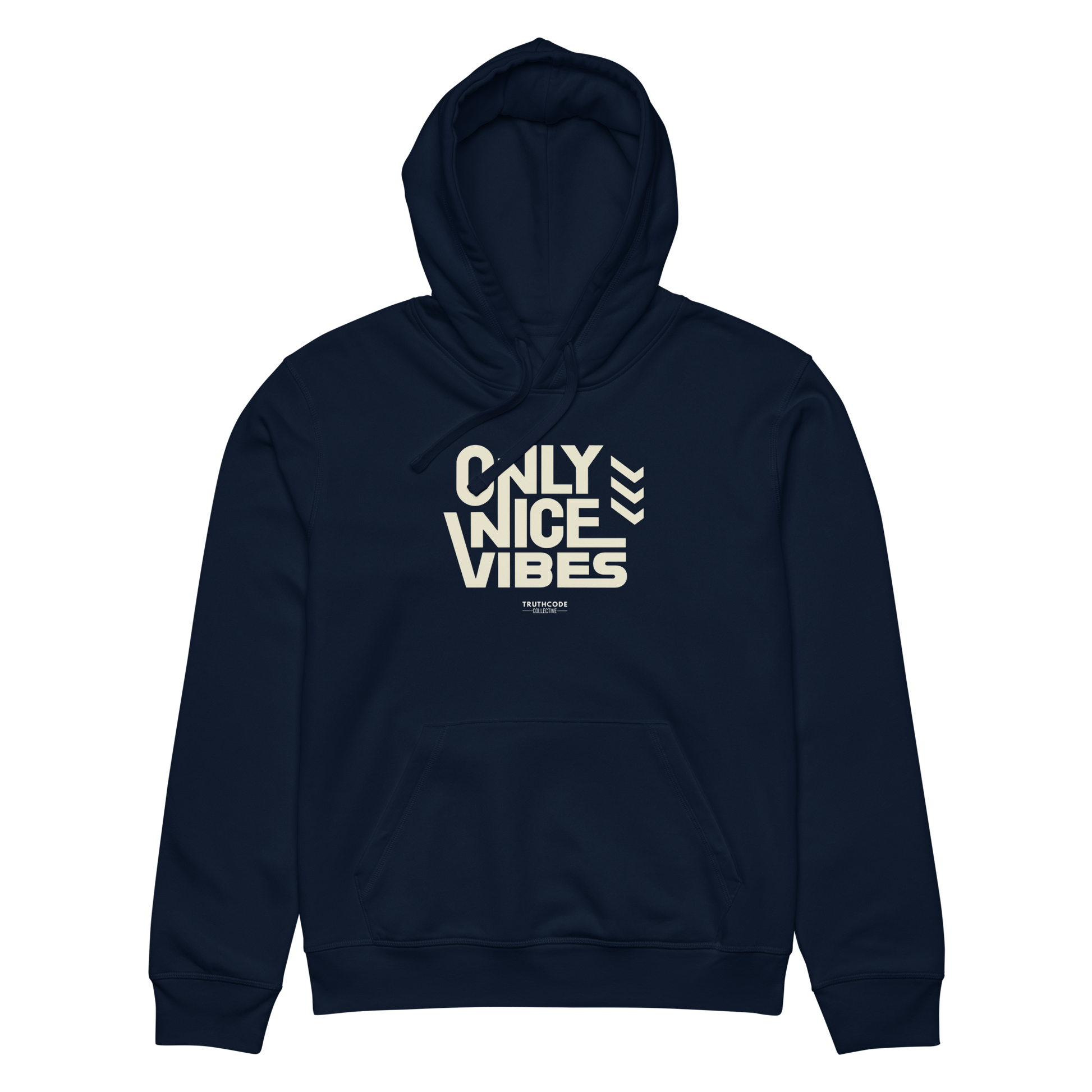 Navy blue organic hoodie with 'Only Nice Vibes' text design on a white background