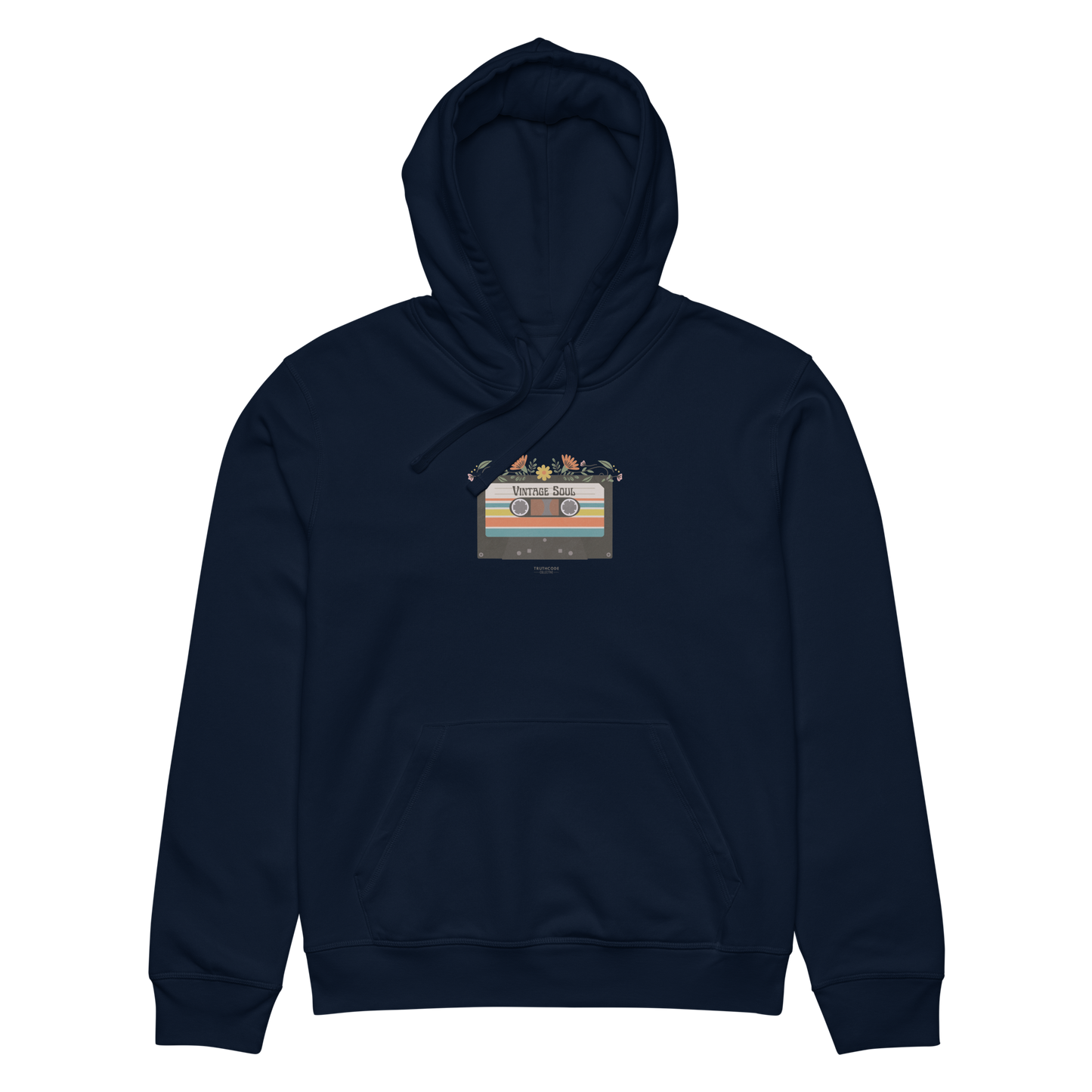 Navy blue organic hoodie with a graphic design of cassette tape and 'Vintage soul' text, against a white background