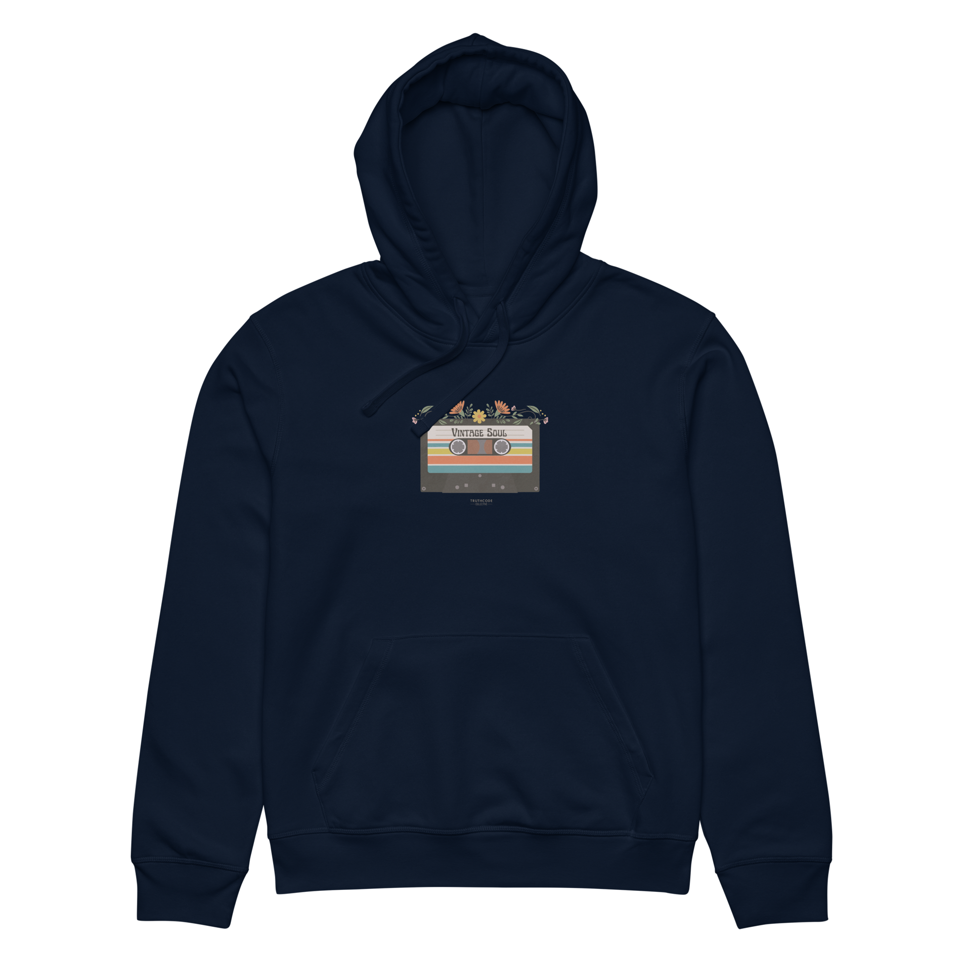 Navy blue organic hoodie with a graphic design of cassette tape and 'Vintage soul' text, against a white background