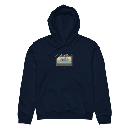 Navy blue organic hoodie with a graphic design of cassette tape and 'Vintage soul' text, against a white background