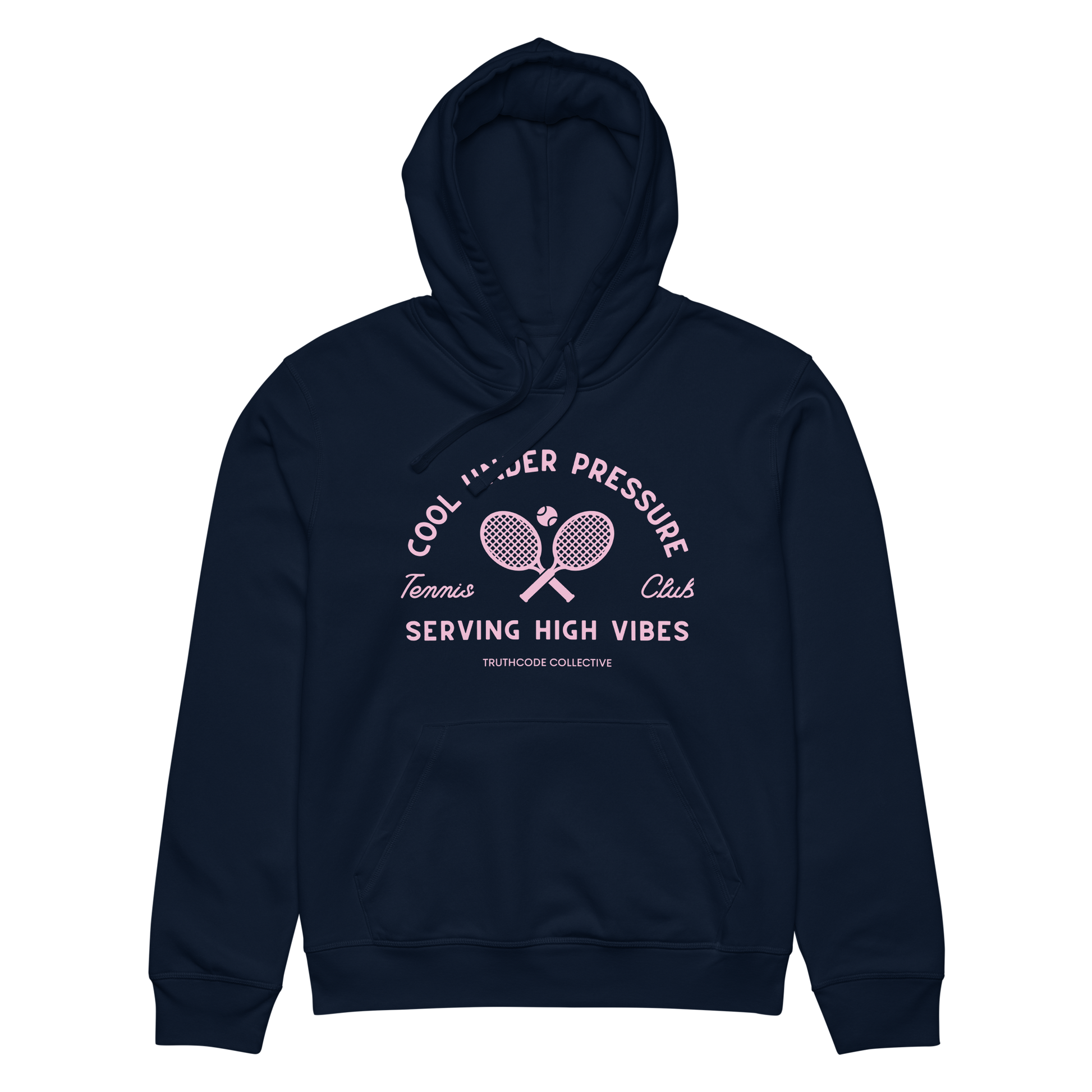 Navy blue organic hoodie with pink and white text 'Cool under pressure, serving high vibes' and tennis graphics on a white background