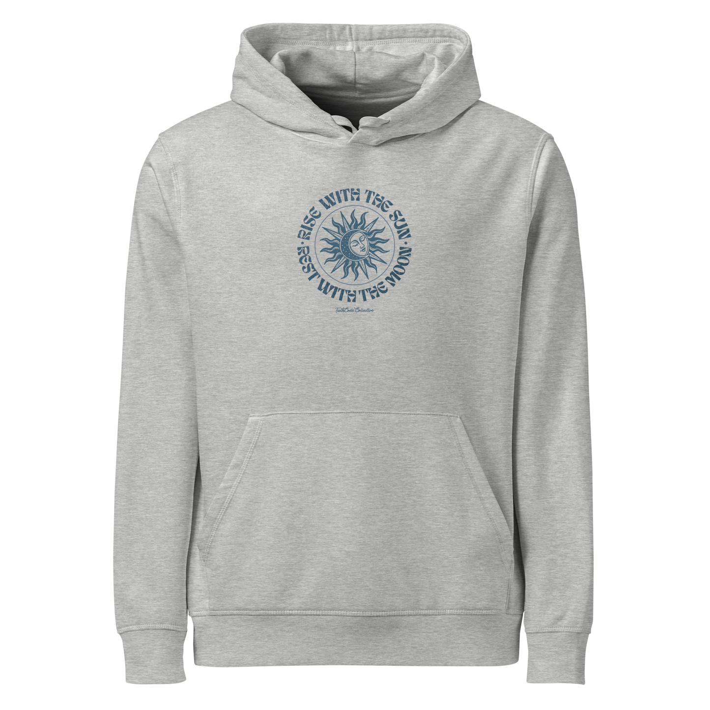 Gray organic hoodie with a circular sun/moon design and text 'Rise with the sun, rest with the moon' on a white background