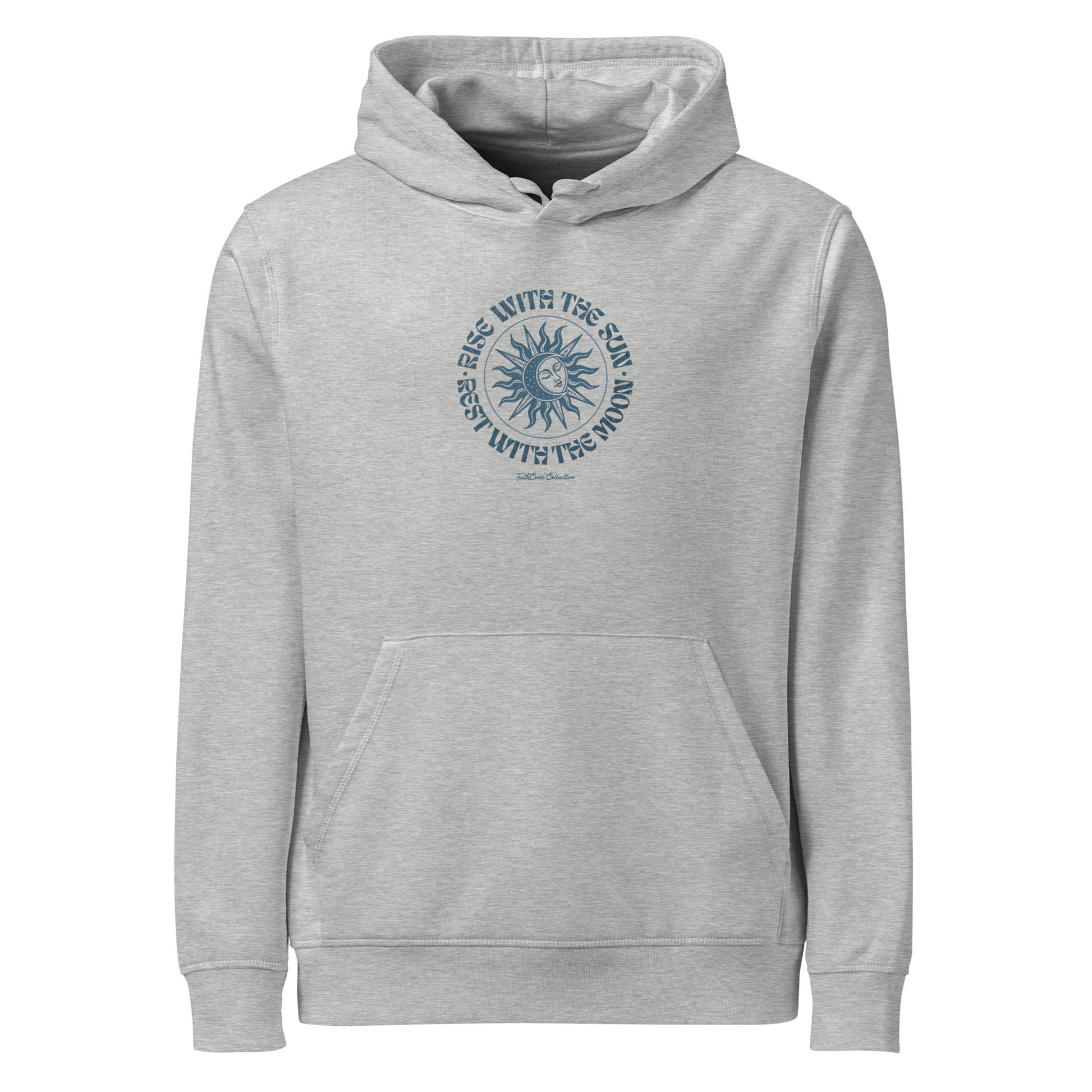 Gray organic hoodie with a circular sun/moon design and text 'Rise with the sun, rest with the moon' on a white background