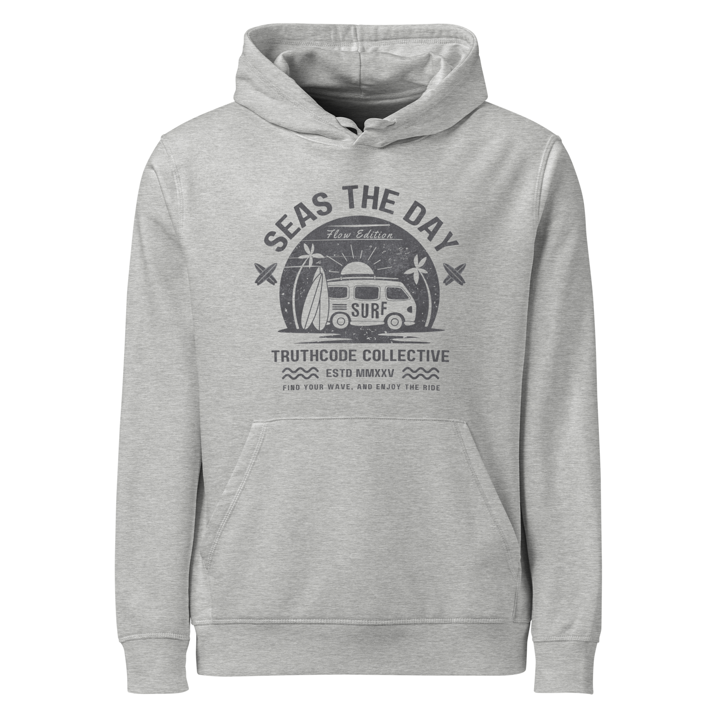 Gray organic hoodie with graphic design of a vintage surfing van and text 'SEAS THE DAY' on a white background