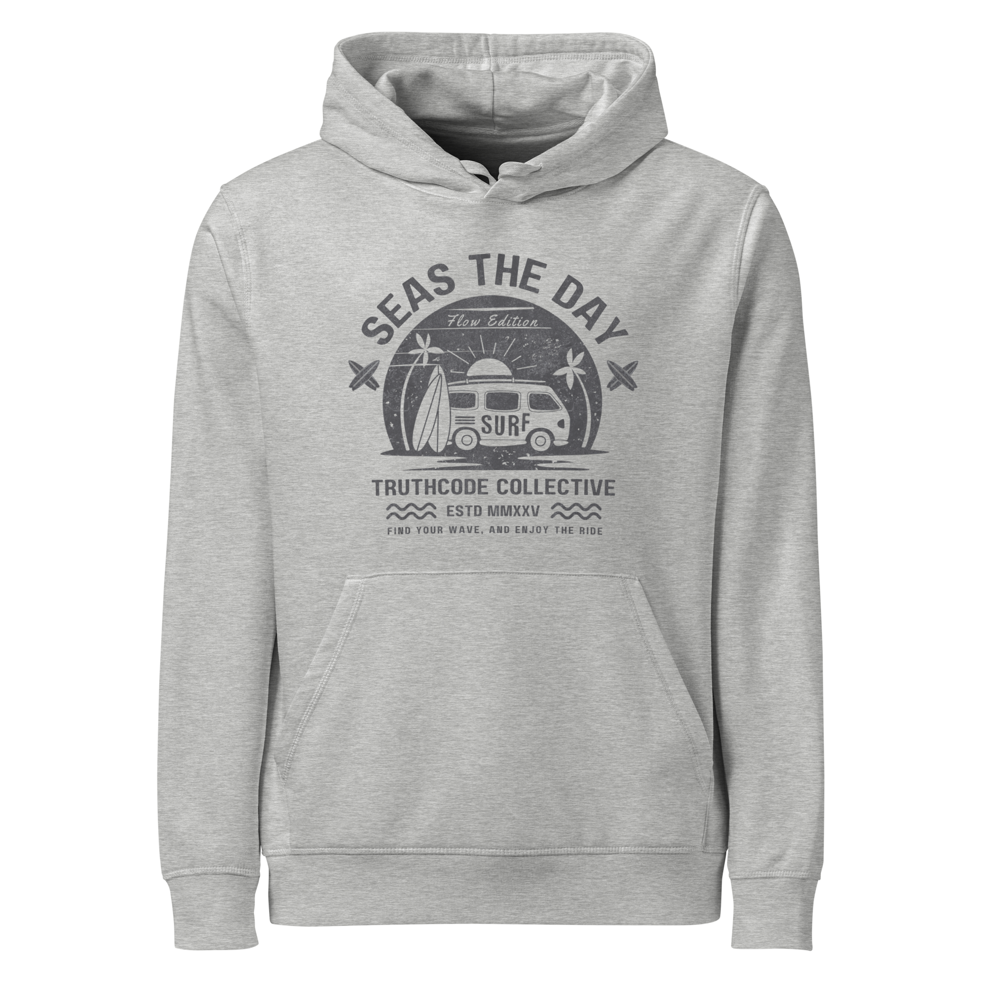 Gray organic hoodie with graphic design of a vintage surfing van and text 'SEAS THE DAY' on a white background
