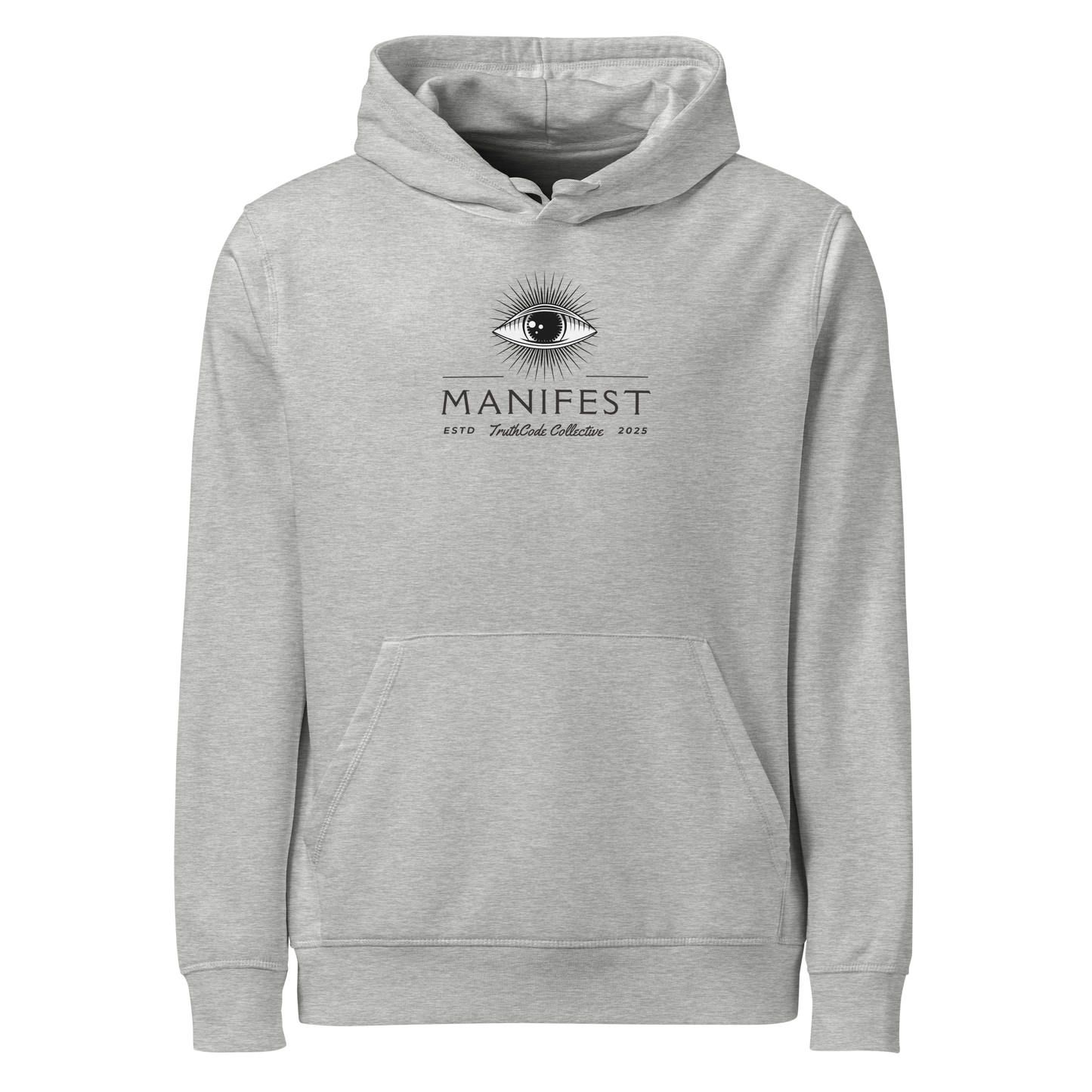 Gray organic hoodie with text 'Manifest' and graphic design of an eye on a white background