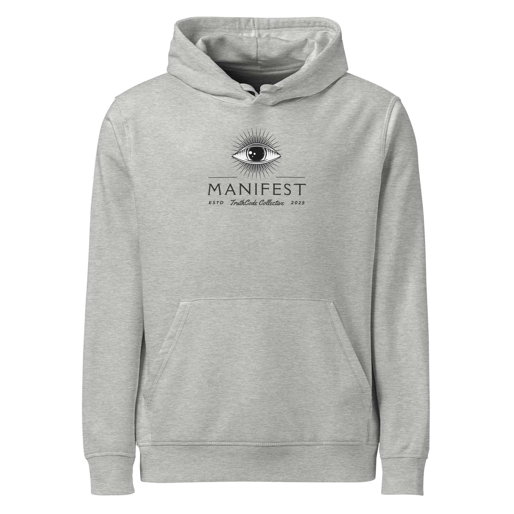 Gray organic hoodie with text 'Manifest' and graphic design of an eye on a white background