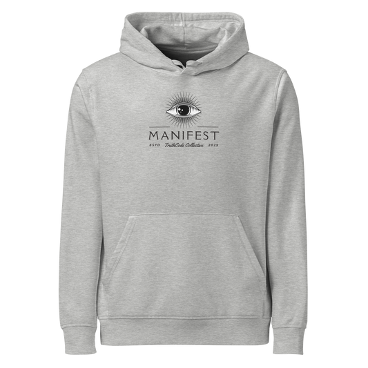 Gray organic hoodie with text 'Manifest' and graphic design of an eye on a white background