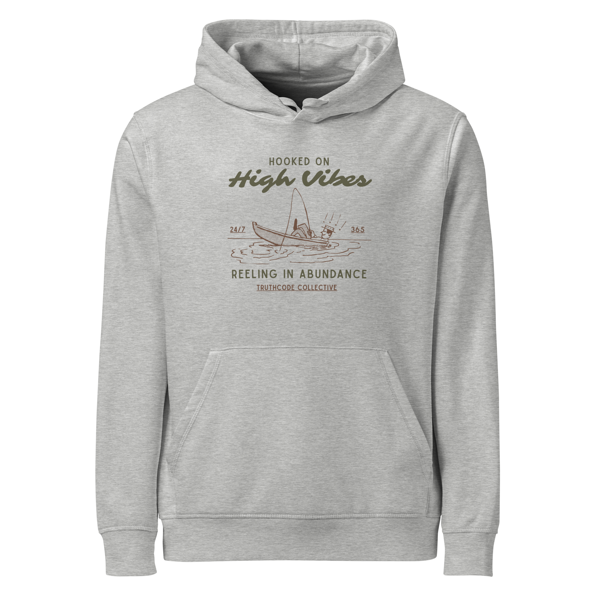 Gray organic hoodie with text 'Hooked on High Vibes, reeling in abundance' and graphic design of a fishing boat on a white background