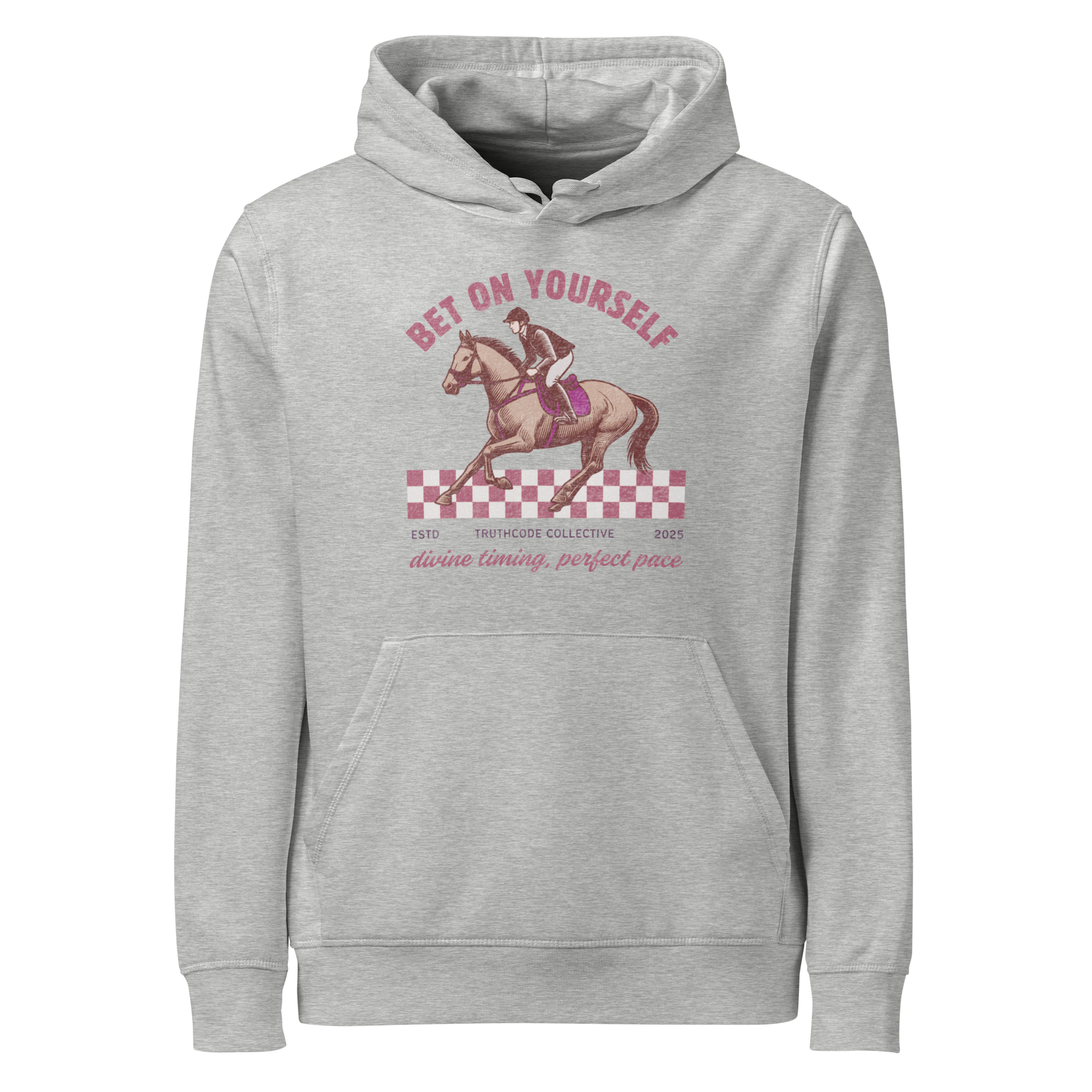 Gray organic hoodie with graphic design of race horse and jockey and text 'Bet on yourself' on a plain background
