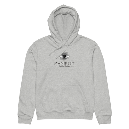 Gray organic hoodie with text 'Manifest' eye graphic design on a white background