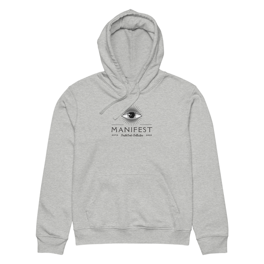 Gray organic hoodie with text 'Manifest' eye graphic design on a white background