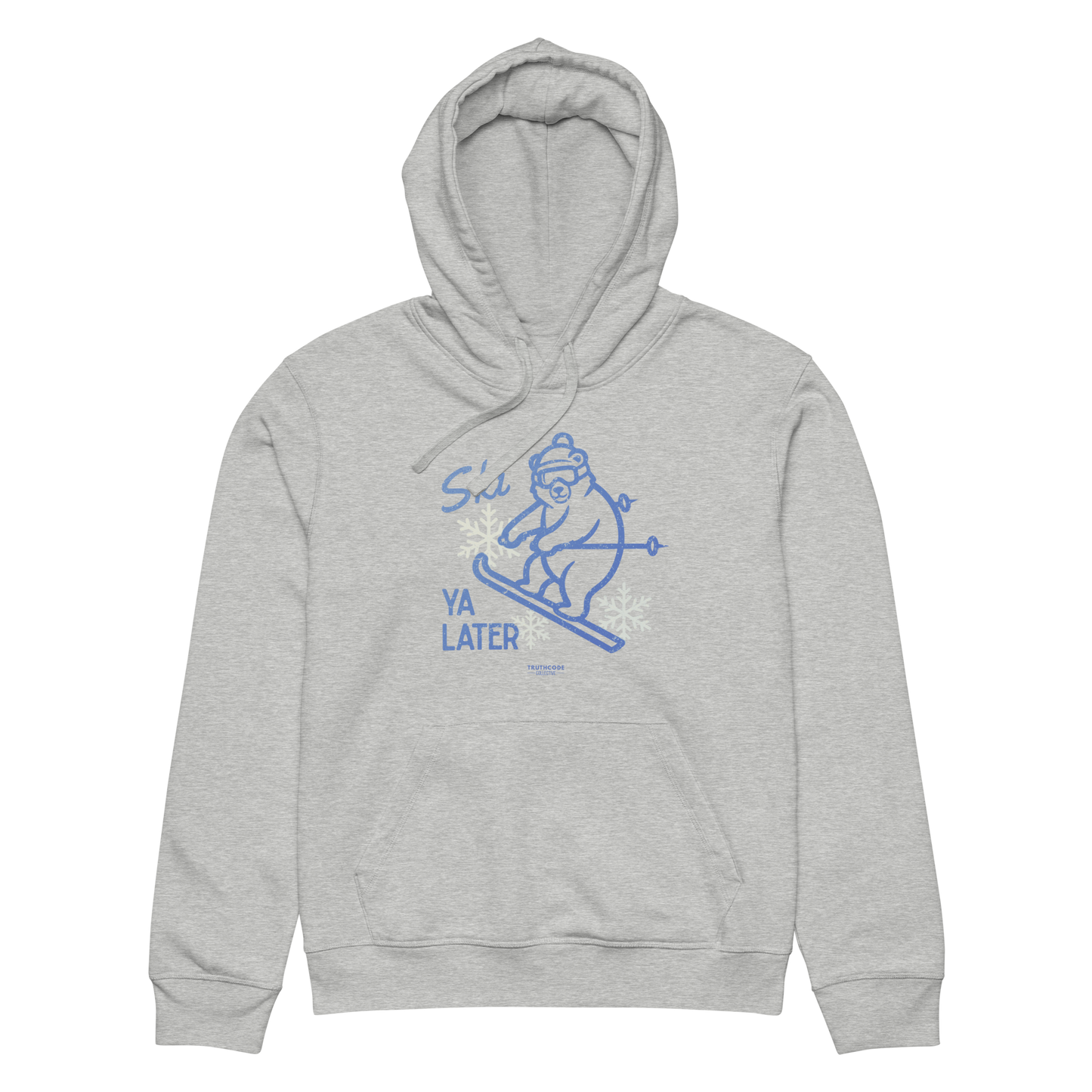 Gray organic hoodie with a skiing bear graphic and text 'Ski you later' on a white background
