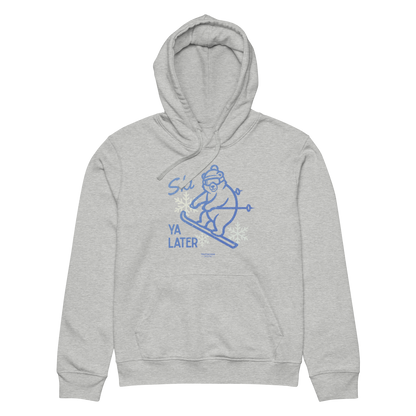 Gray organic hoodie with a skiing bear graphic and text 'Ski you later' on a white background