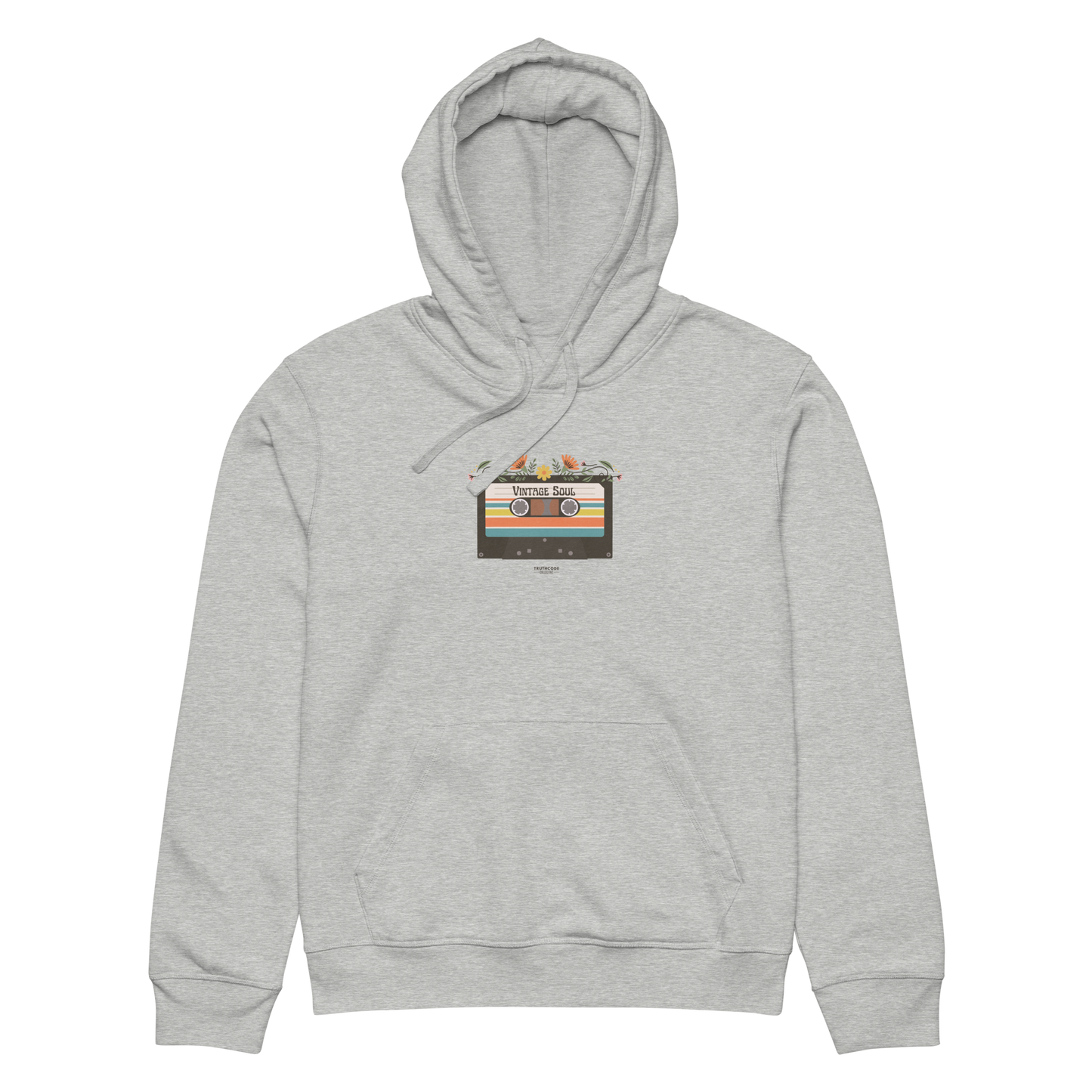 Gray organic hoodie with a graphic design of cassette tape and 'Vintage soul' text, against a white background