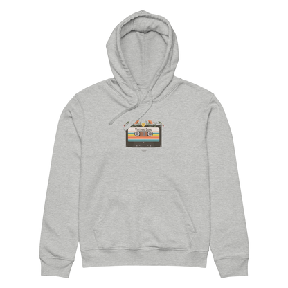 Gray organic hoodie with a graphic design of cassette tape and 'Vintage soul' text, against a white background
