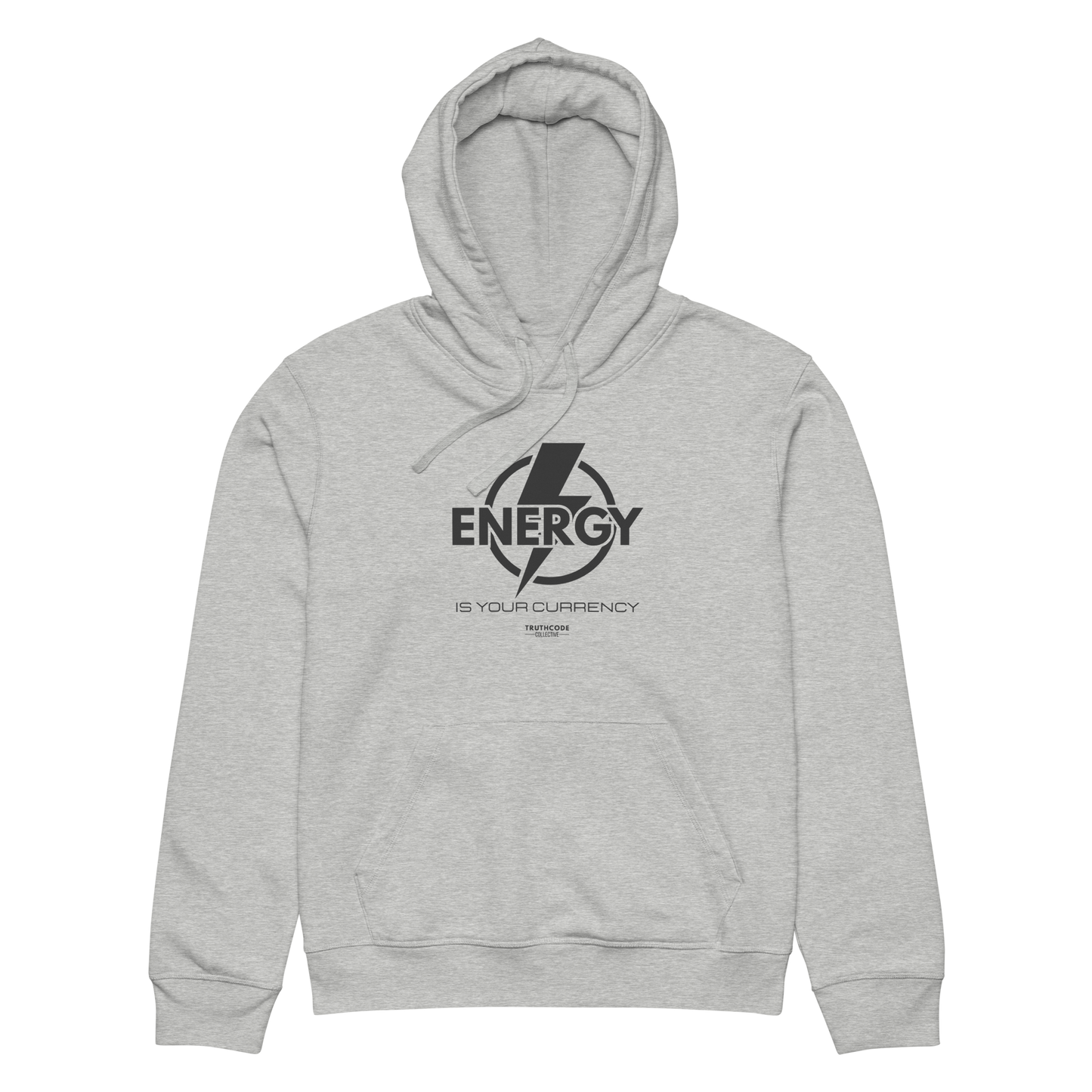 Gray organic hoodie with lightening bolt graphic and text 'Energy is your currency' on a white background