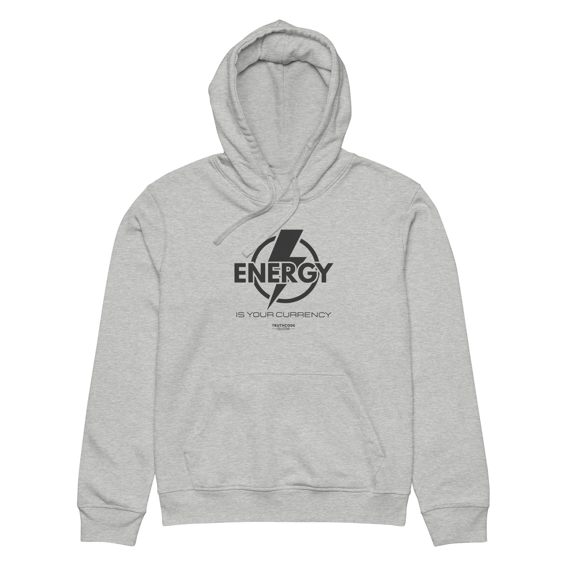 Gray organic hoodie with lightening bolt graphic and text 'Energy is your currency' on a white background
