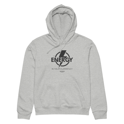 Gray organic hoodie with lightening bolt graphic and text 'Energy is your currency' on a white background