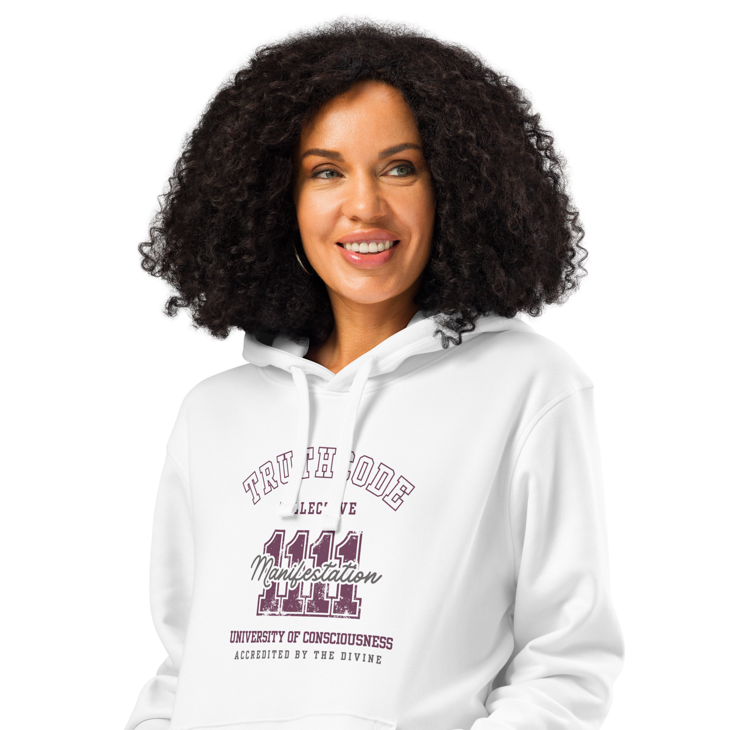 Woman wearing white organic hoodie with text design '1111 Manifestation' and 'University of Consciousness'  on a white background