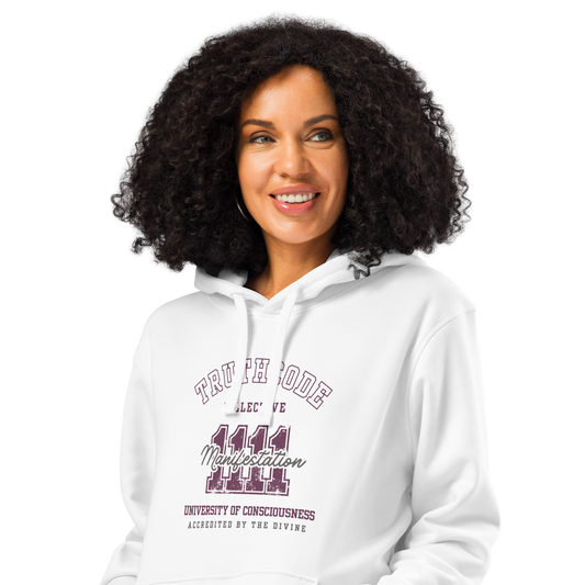 Woman wearing white organic hoodie with text design '1111 Manifestation' and 'University of Consciousness'  on a white background