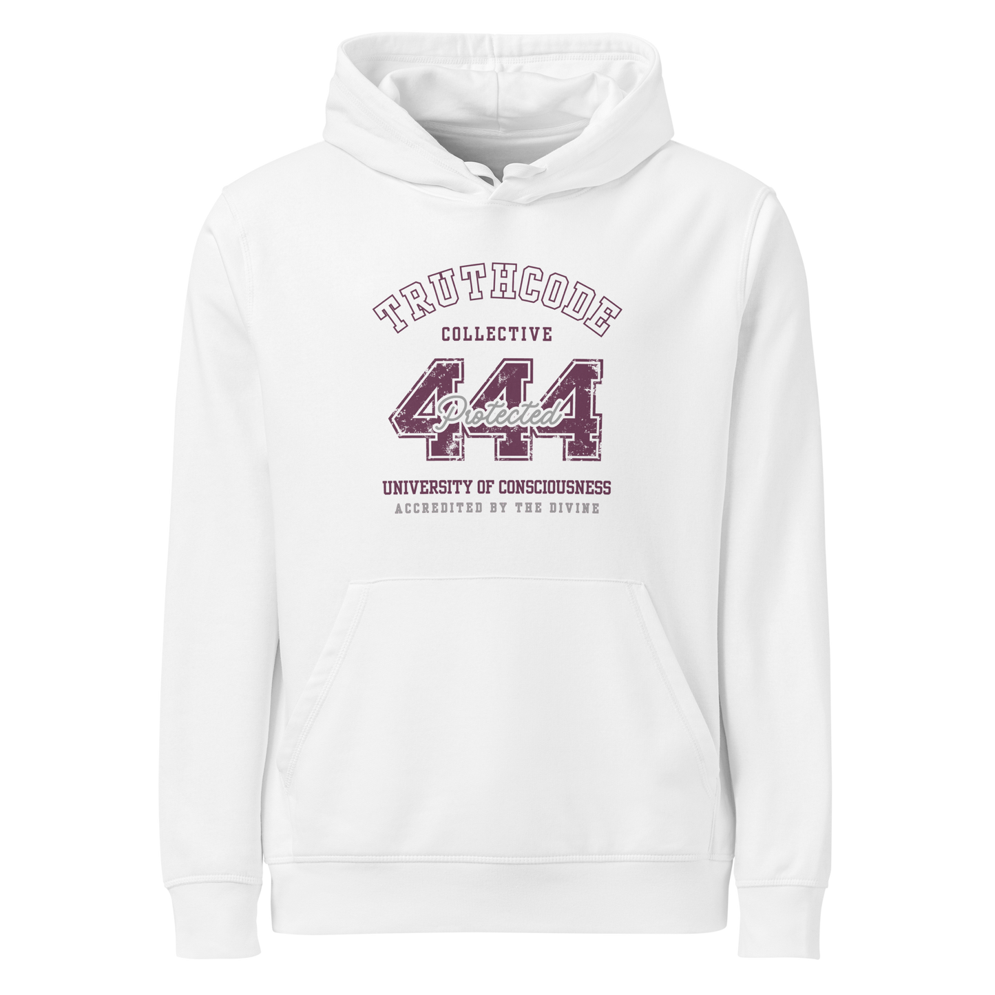 White organic hoodie with maroon text '444, protected' and 'University of consciousness, accredited by the divine'  on a white background