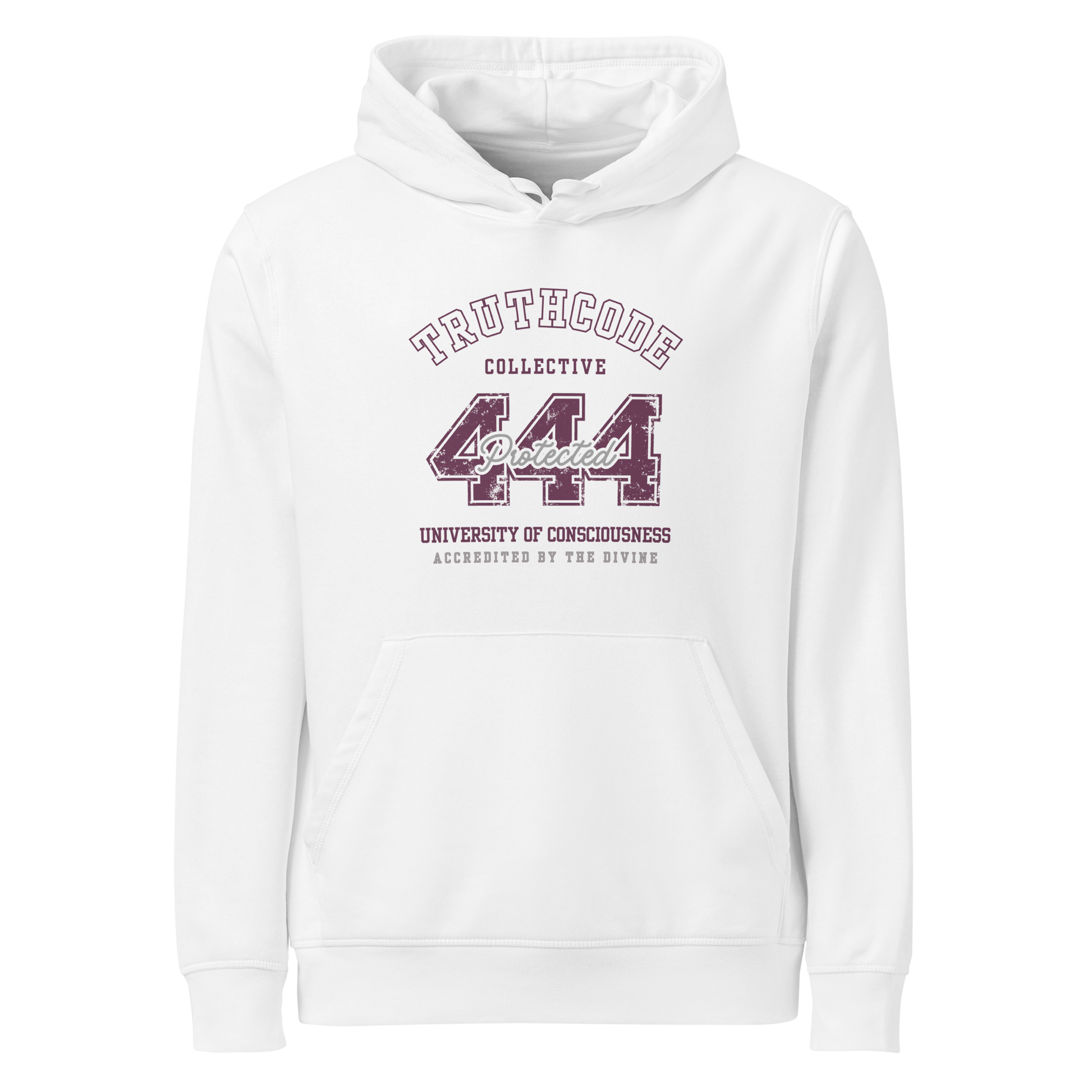 White organic hoodie with maroon text '444, protected' and 'University of consciousness, accredited by the divine'  on a white background