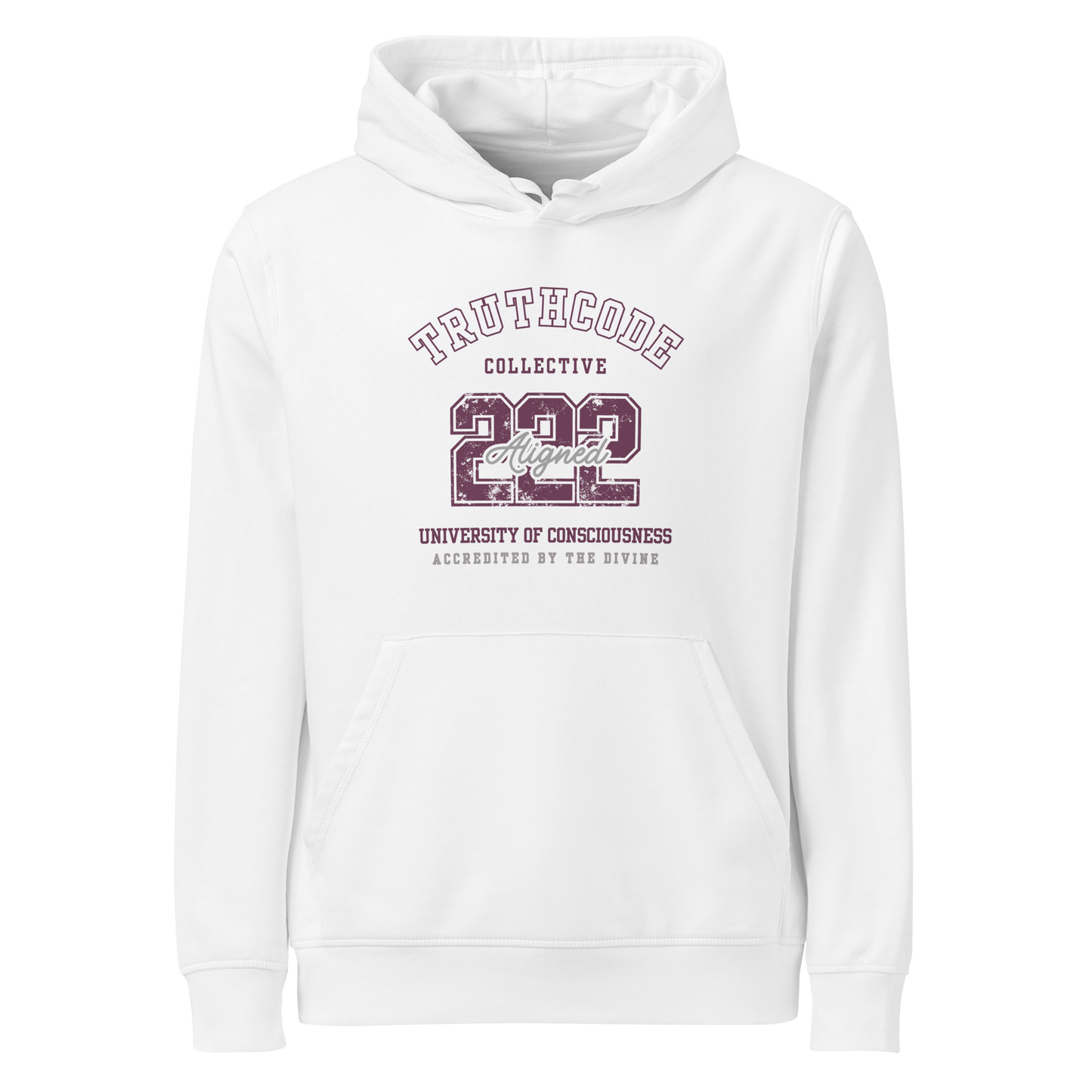 White organic hoodie with maroon text '222, Aligned' and 'University of consciousness, accredited by the divine'  on a white background