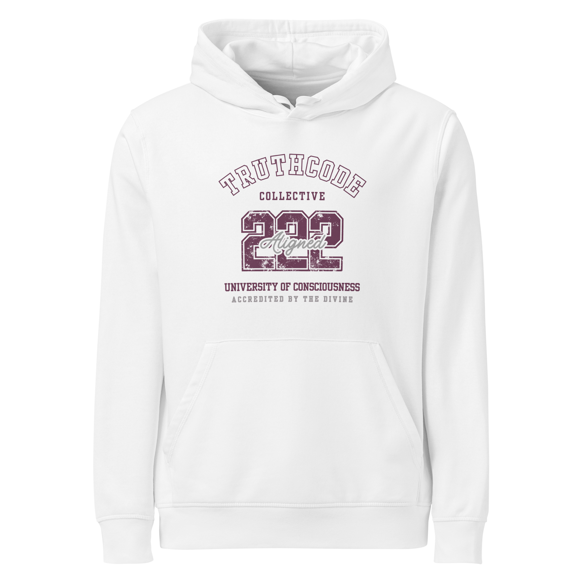 White organic hoodie with maroon text '222, Aligned' and 'University of consciousness, accredited by the divine'  on a white background