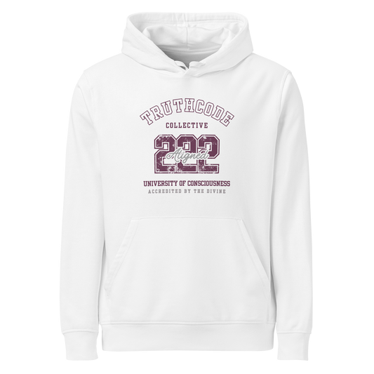 White organic hoodie with maroon text '222, Aligned' and 'University of consciousness, accredited by the divine'  on a white background