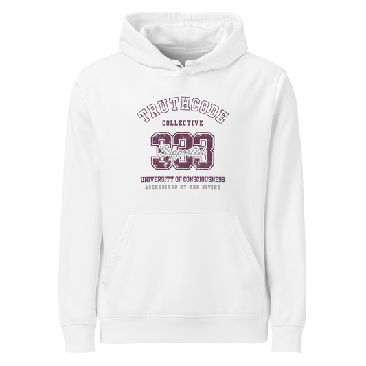 White organic hoodie with maroon text '333, Supported' and 'University of consciousness, accredited by the divine'  on a white background