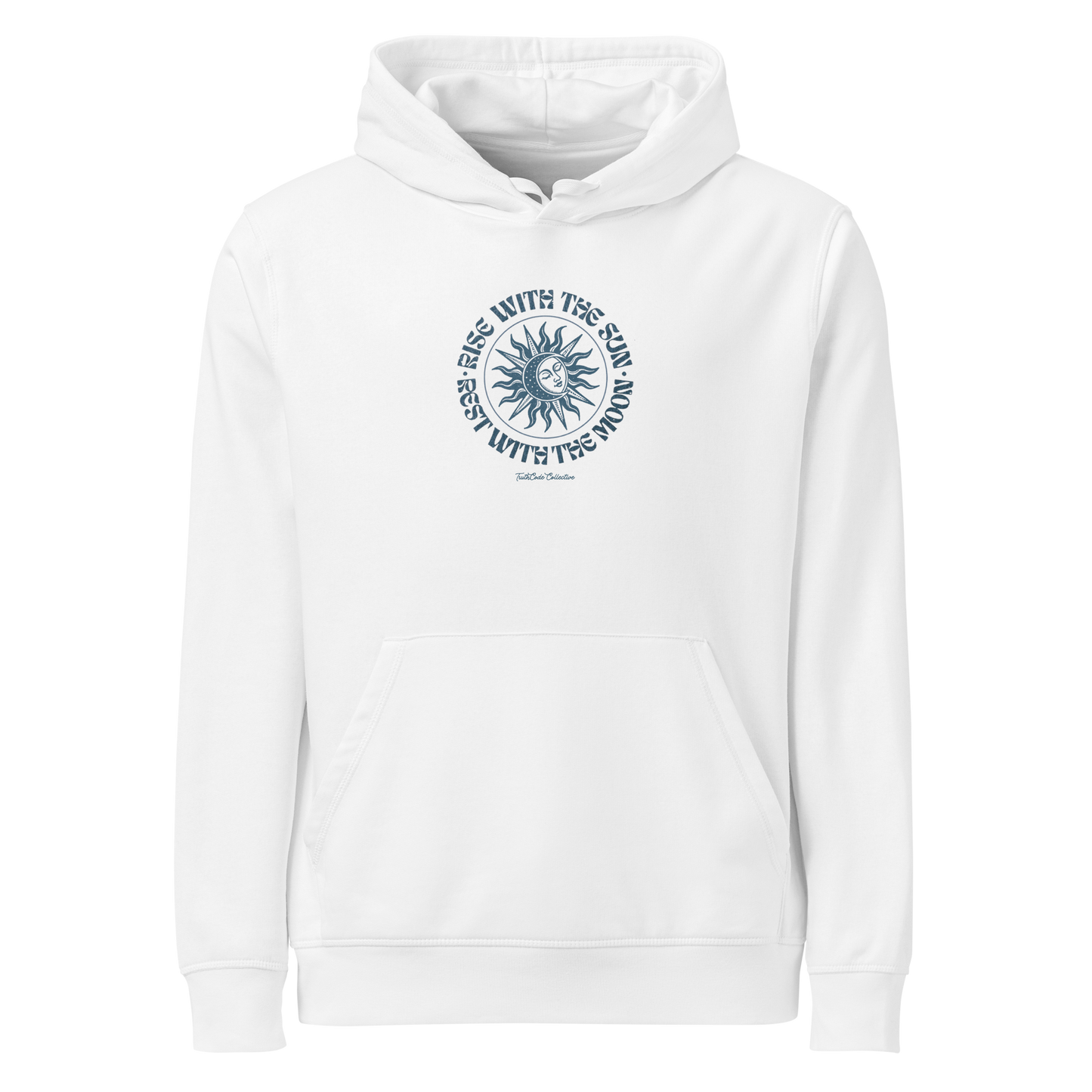 White organic hoodie with a circular sun/moon design and text 'Rise with the sun, rest with the moon' on a white background