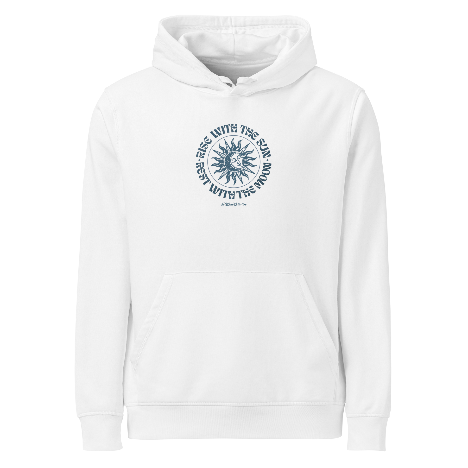 White organic hoodie with a circular sun/moon design and text 'Rise with the sun, rest with the moon' on a white background