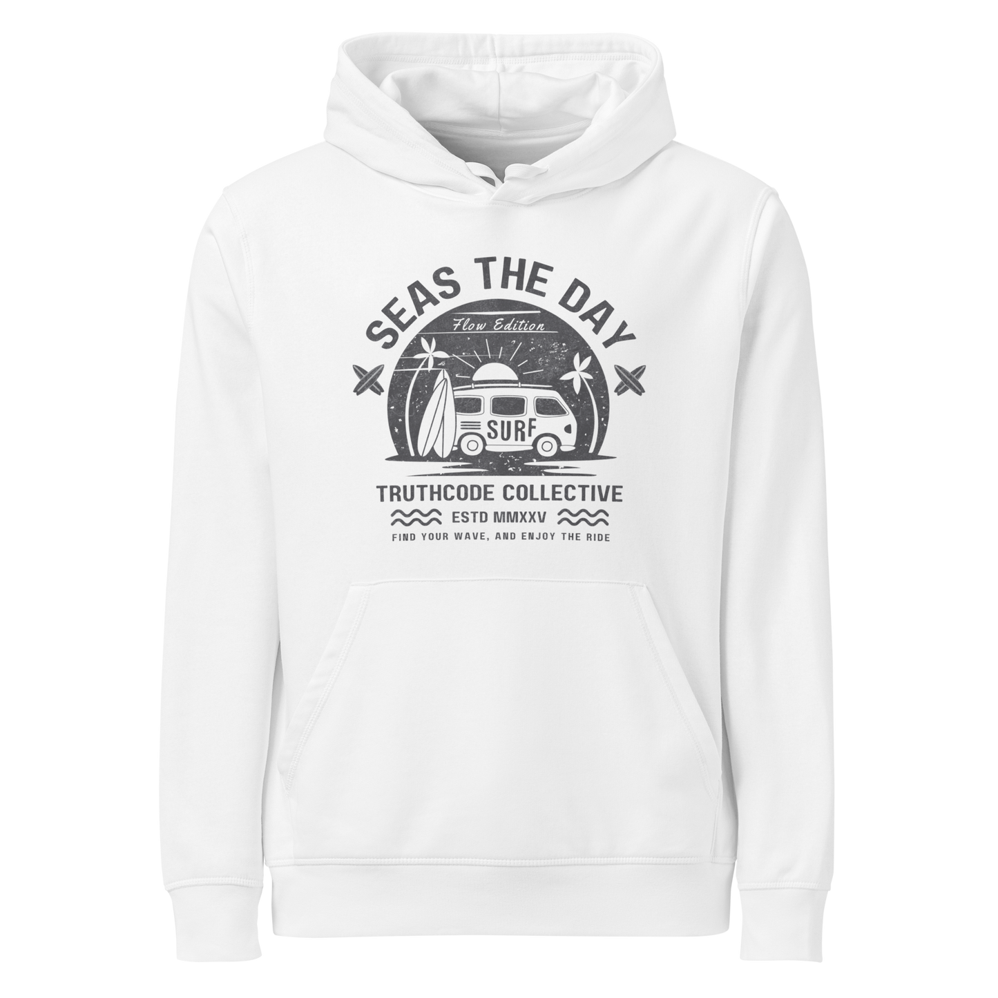 White organic hoodie with graphic design of a vintage surfing van and text 'SEAS THE DAY' on a white background