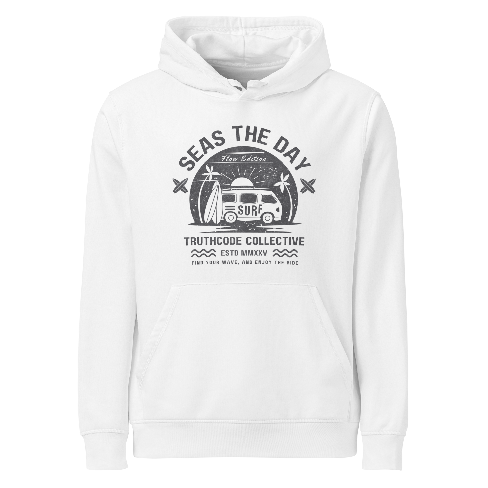 White organic hoodie with graphic design of a vintage surfing van and text 'SEAS THE DAY' on a white background