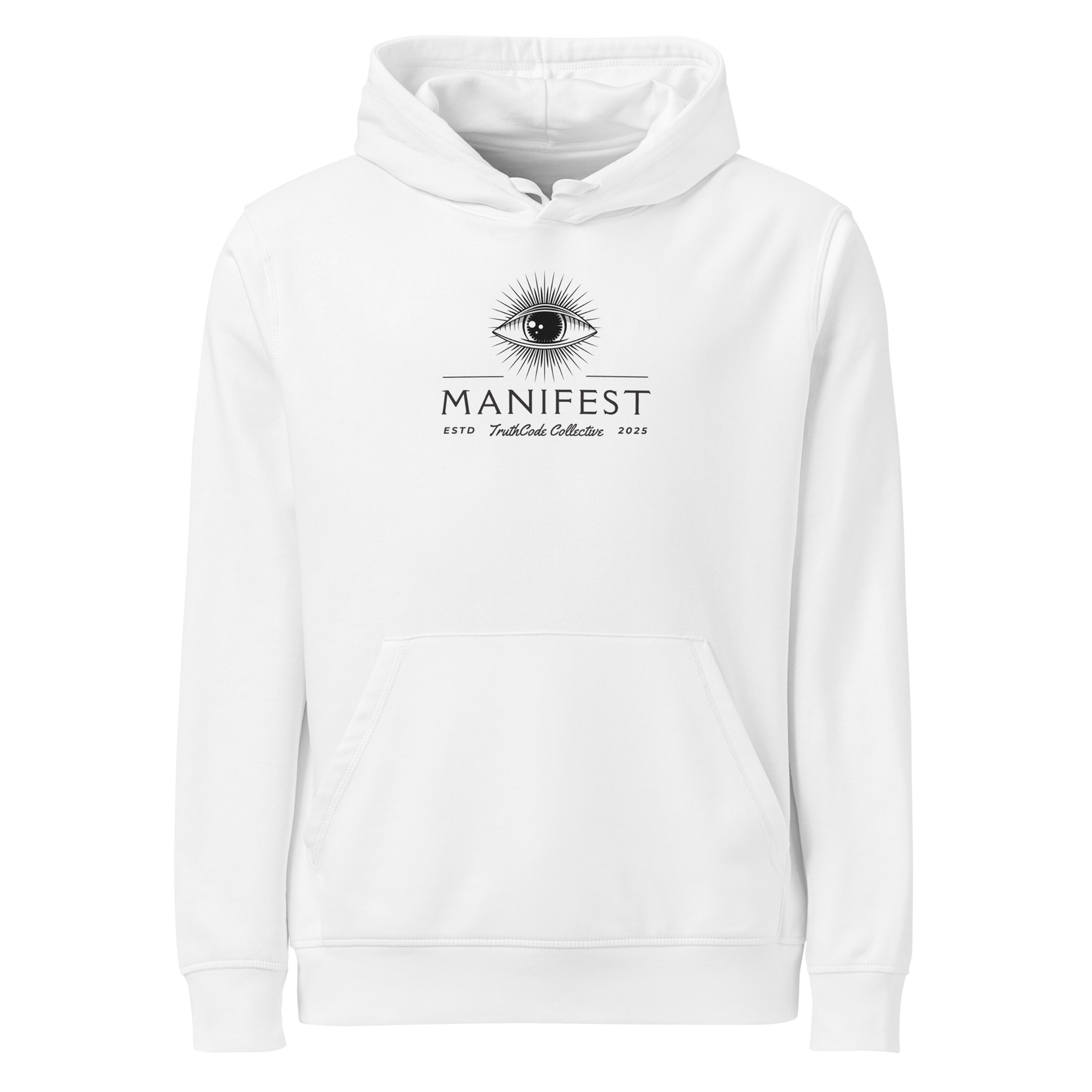 White organic hoodie with text 'Manifest' and graphic design of an eye on a white background