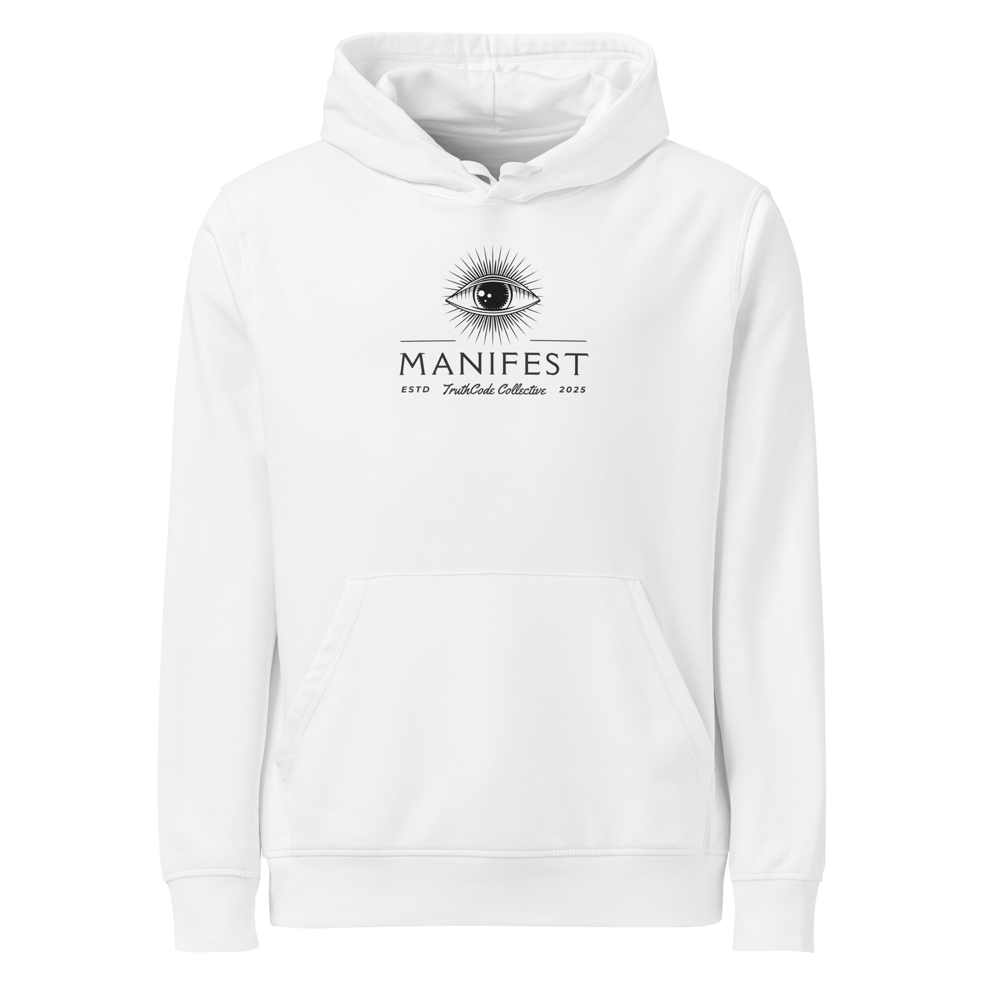 White organic hoodie with text 'Manifest' and graphic design of an eye on a white background