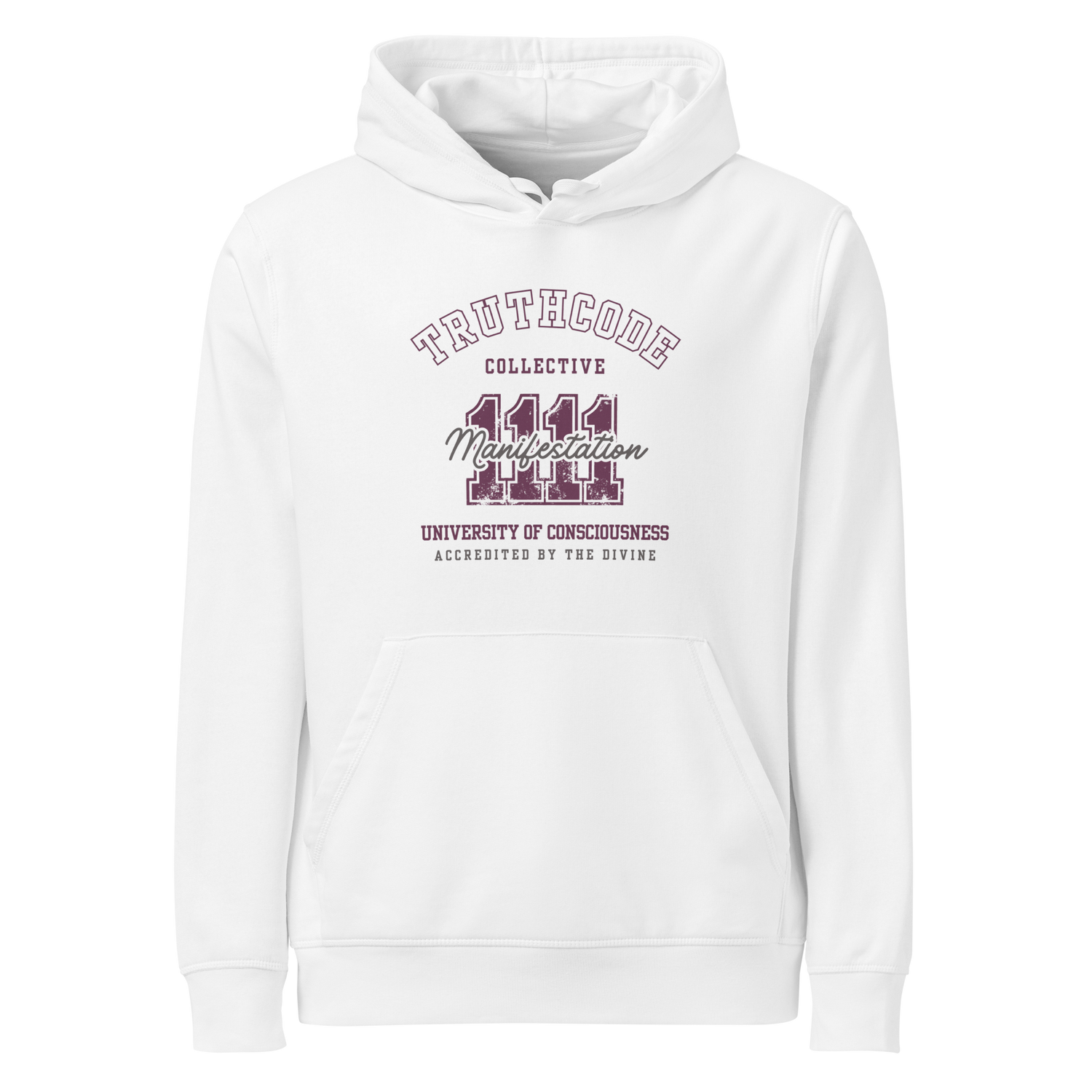 White organic hoodie with text design '1111 Manifestation' and 'University of Consciousness'  on a white background
