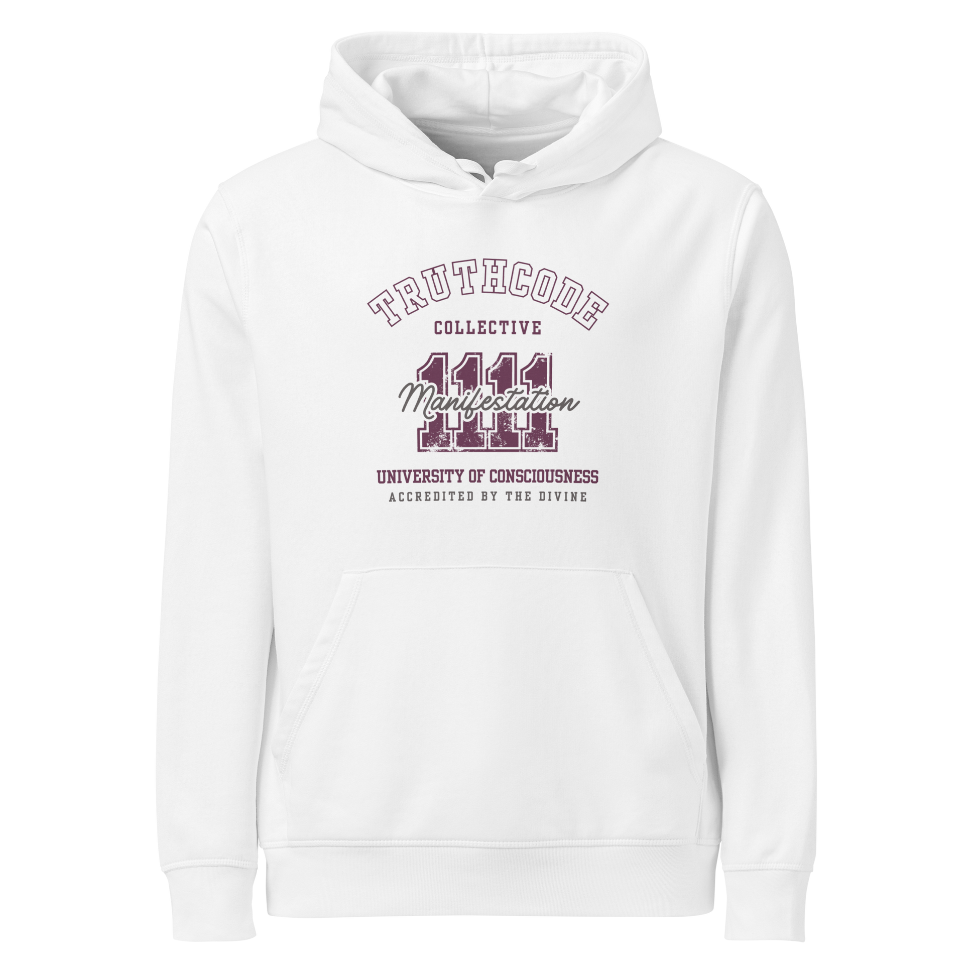 White organic hoodie with text design '1111 Manifestation' and 'University of Consciousness'  on a white background