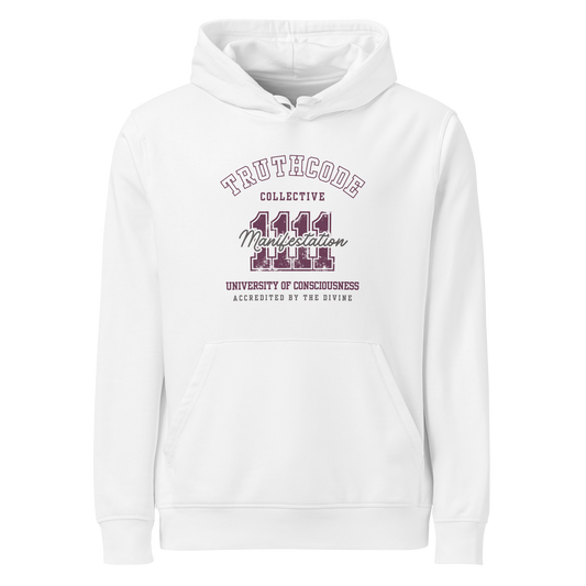White organic hoodie with text design '1111 Manifestation' and 'University of Consciousness'  on a white background